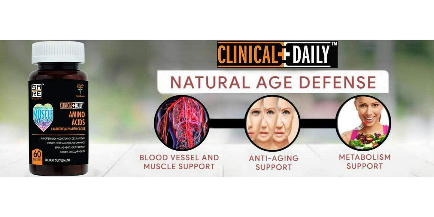 CLINICAL DAILY Acetyl L Carnitine - Alpha Lipoic Essential Amino Acids Supplements Capsules for Women, Men or Elderly- ALCAR ALA Complex Helps Boost Metabolism, Brain, Heart, and Muscle Health- 60 Pills