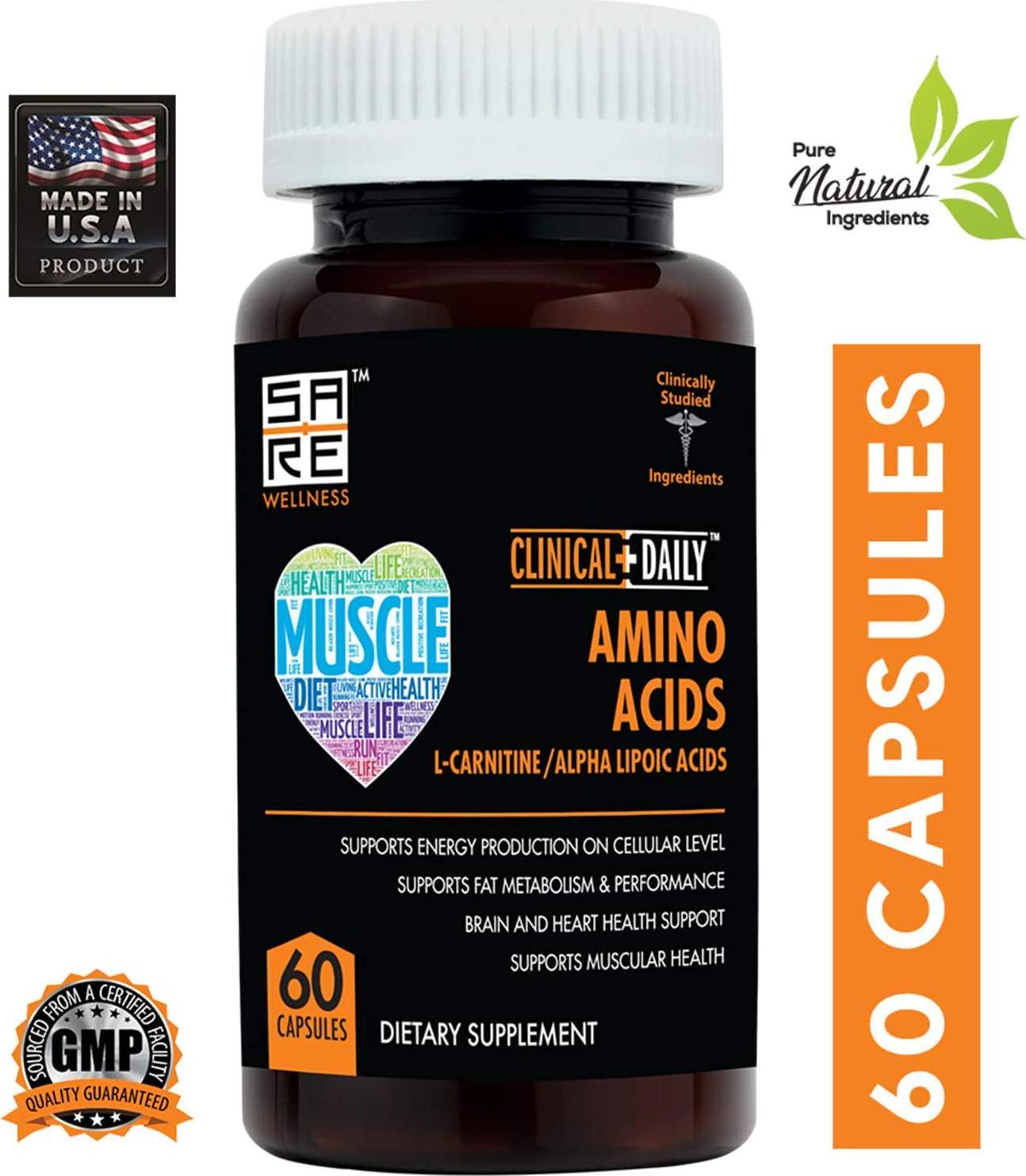 CLINICAL DAILY Acetyl L Carnitine - Alpha Lipoic Essential Amino Acids Supplements Capsules for Women, Men or Elderly- ALCAR ALA Complex Helps Boost Metabolism, Brain, Heart, and Muscle Health- 60 Pills