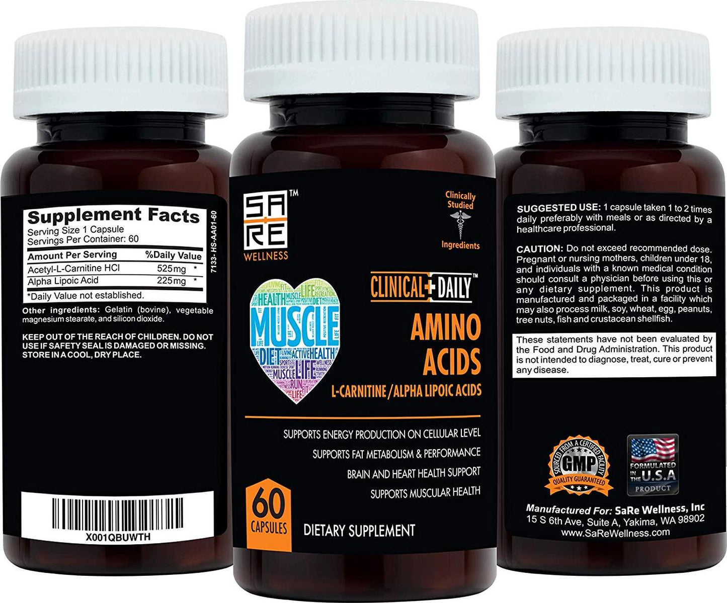 CLINICAL DAILY Acetyl L Carnitine - Alpha Lipoic Essential Amino Acids Supplements Capsules for Women, Men or Elderly- ALCAR ALA Complex Helps Boost Metabolism, Brain, Heart, and Muscle Health- 60 Pills