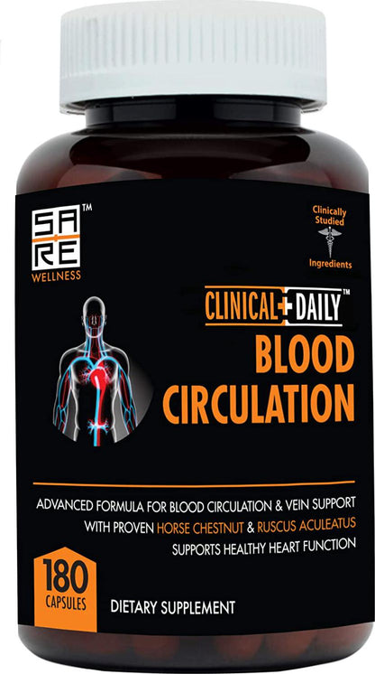 CLINICAL DAILY Blood Circulation Supplement. Herbal Varicose Vein Treatment, Spider Veins. High Blood Pressure, Cholesterol Support - Horse Chestnut Extract, L Arginine, Diosmin, Cayenne. 180 Capsules