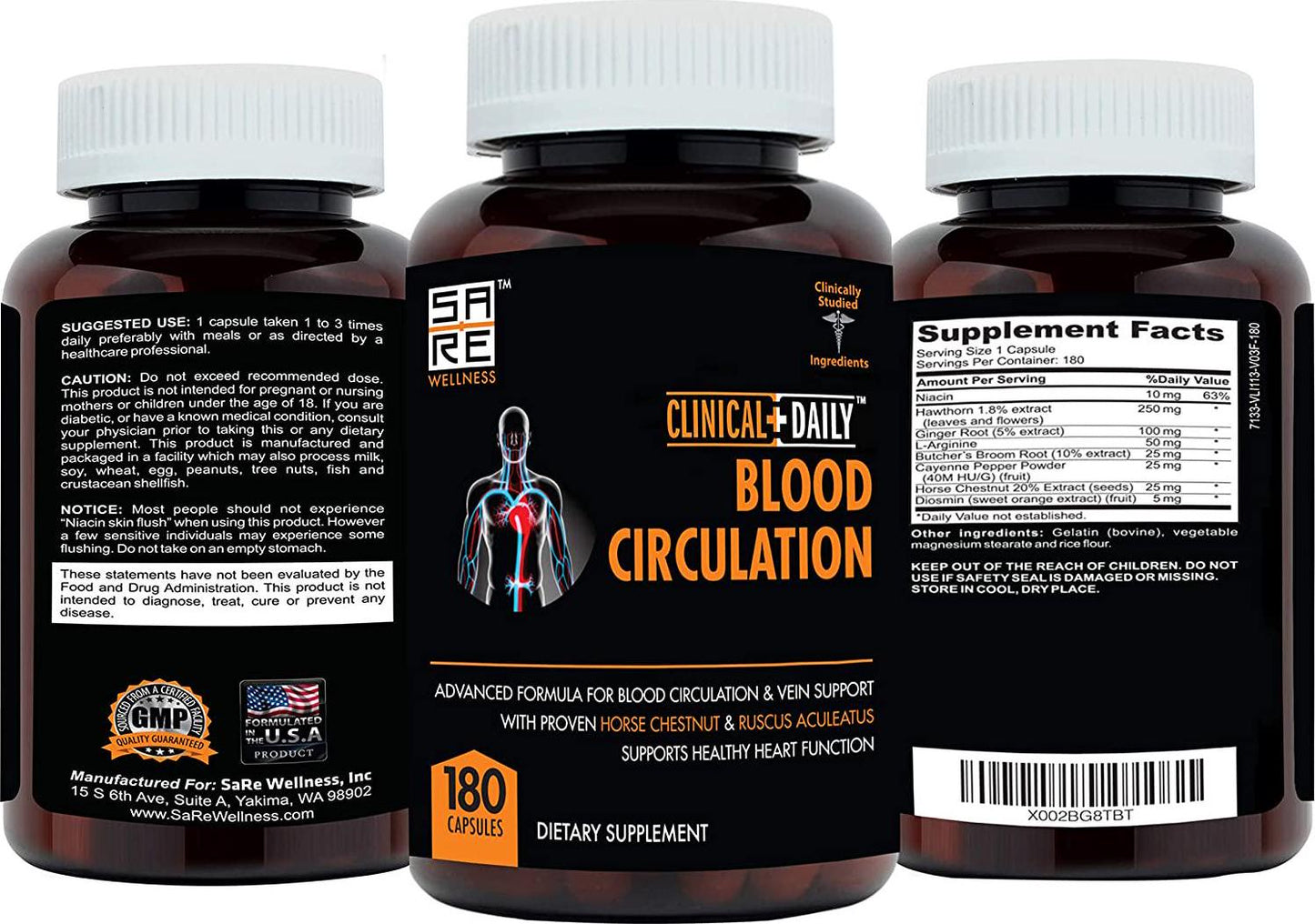 CLINICAL DAILY Blood Circulation Supplement. Herbal Varicose Vein Treatment, Spider Veins. High Blood Pressure, Cholesterol Support - Horse Chestnut Extract, L Arginine, Diosmin, Cayenne. 180 Capsules