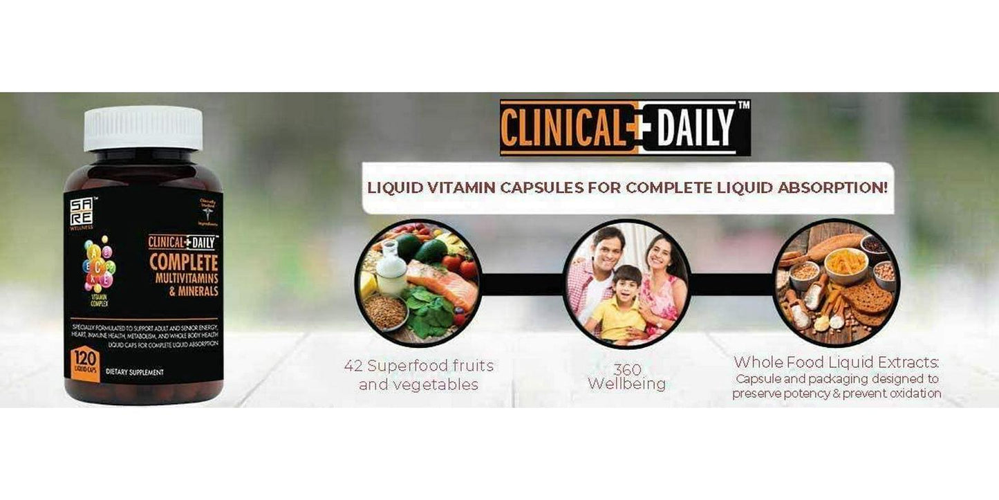 CLINICAL DAILY COMPLETE Whole Food Multivitamin Supplement For Women and Men. 120 Liquid Capsules = Complete Liquid Vitamin Absorption! 42 Superfood Fruits Vegetables - 360 Health, Young Adult to Senior