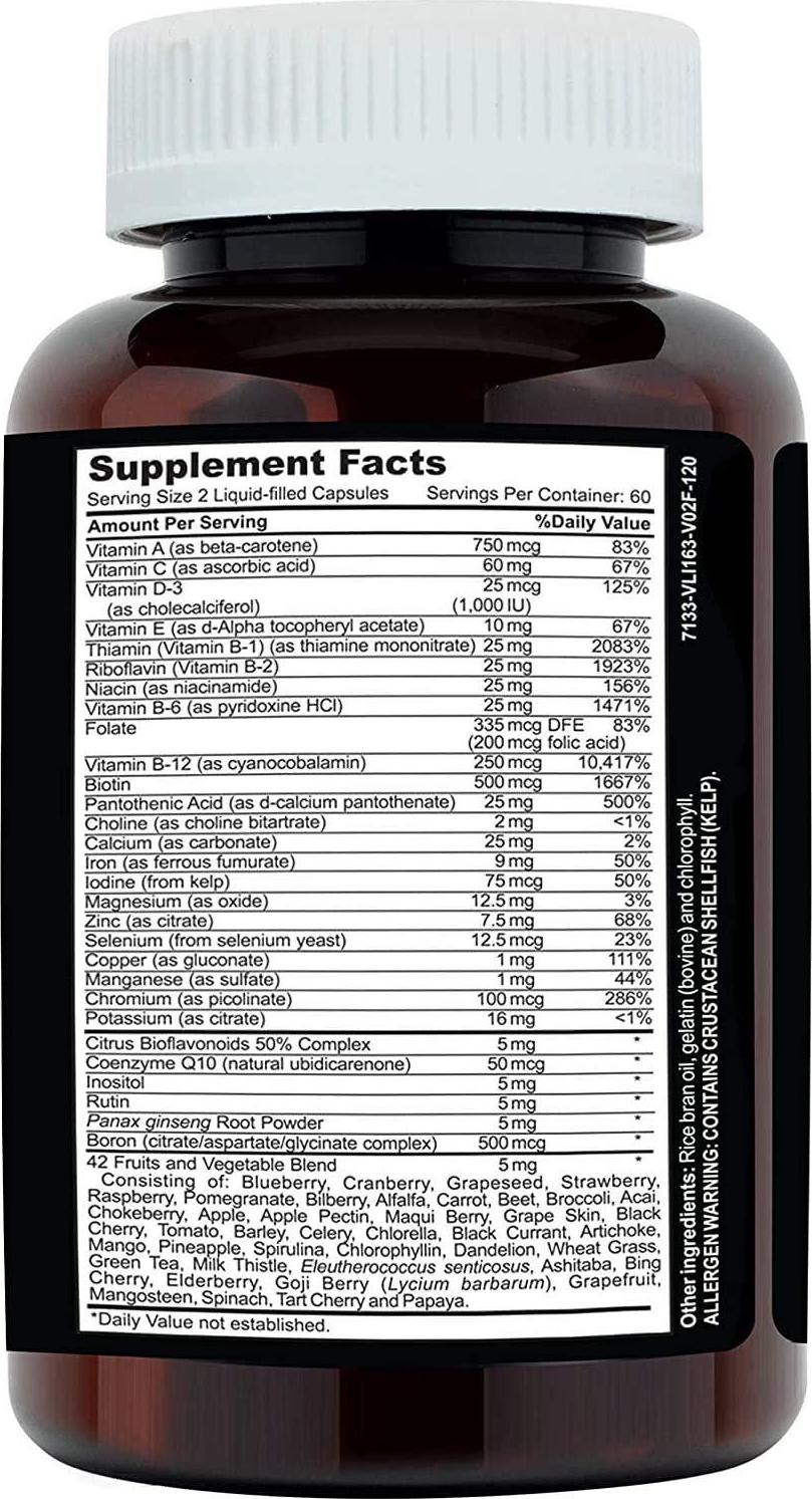 CLINICAL DAILY COMPLETE Whole Food Multivitamin Supplement For Women and Men. 120 Liquid Capsules = Complete Liquid Vitamin Absorption! 42 Superfood Fruits Vegetables - 360 Health, Young Adult to Senior