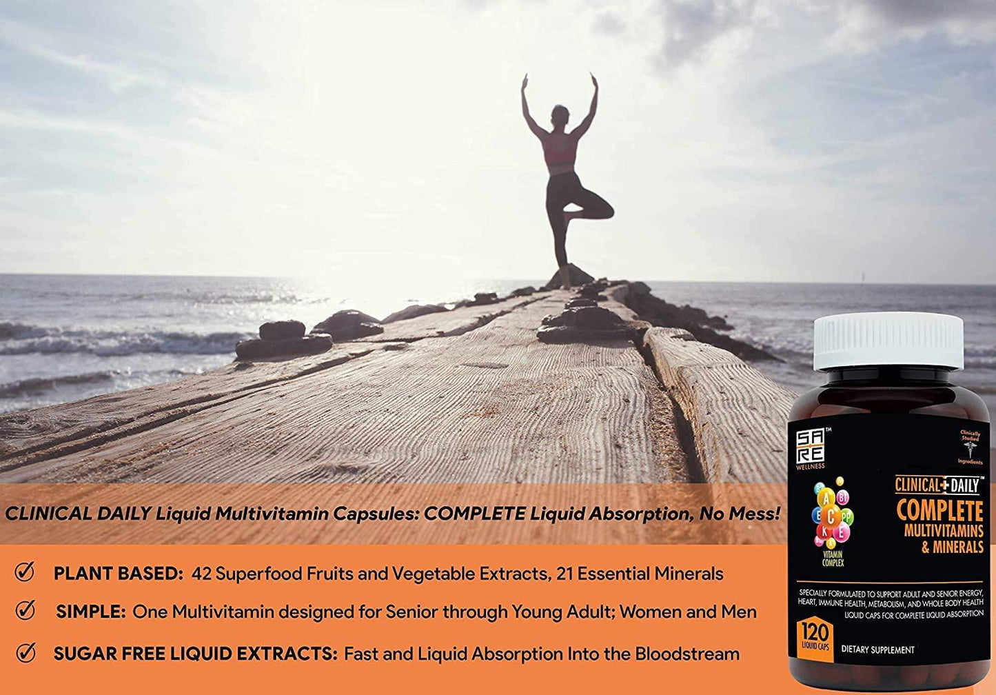 CLINICAL DAILY COMPLETE Whole Food Multivitamin Supplement For Women and Men. 120 Liquid Capsules = Complete Liquid Vitamin Absorption! 42 Superfood Fruits Vegetables - 360 Health, Young Adult to Senior