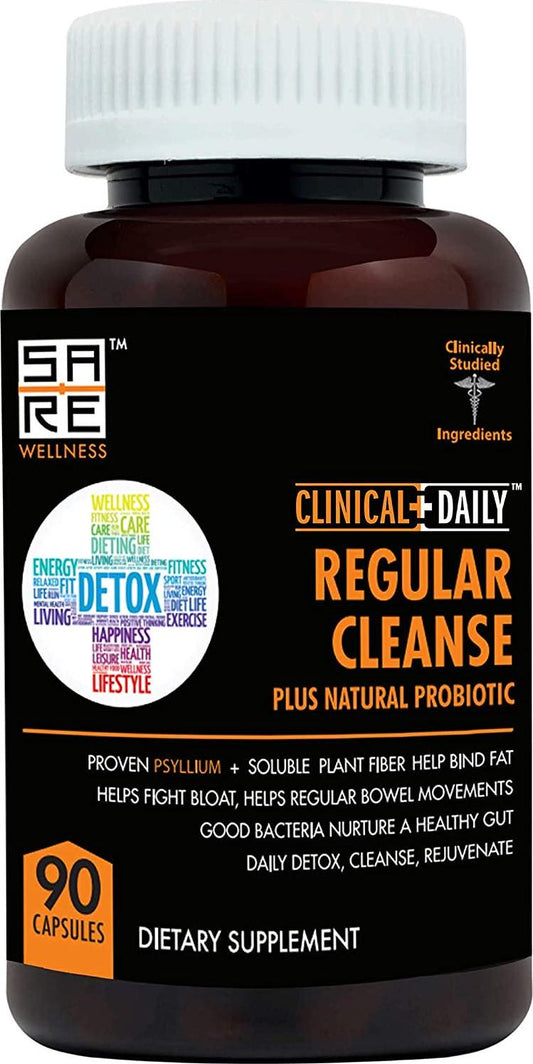 CLINICAL DAILY Regular Cleanse. Natural Colon Cleanser and Detox for Weight Loss and Constipation Relief. 90 Herbal Dietary Fiber Pills - Psyllium Husk Powder Capsules with Glucomannan, Aloe, PROBIOTICS