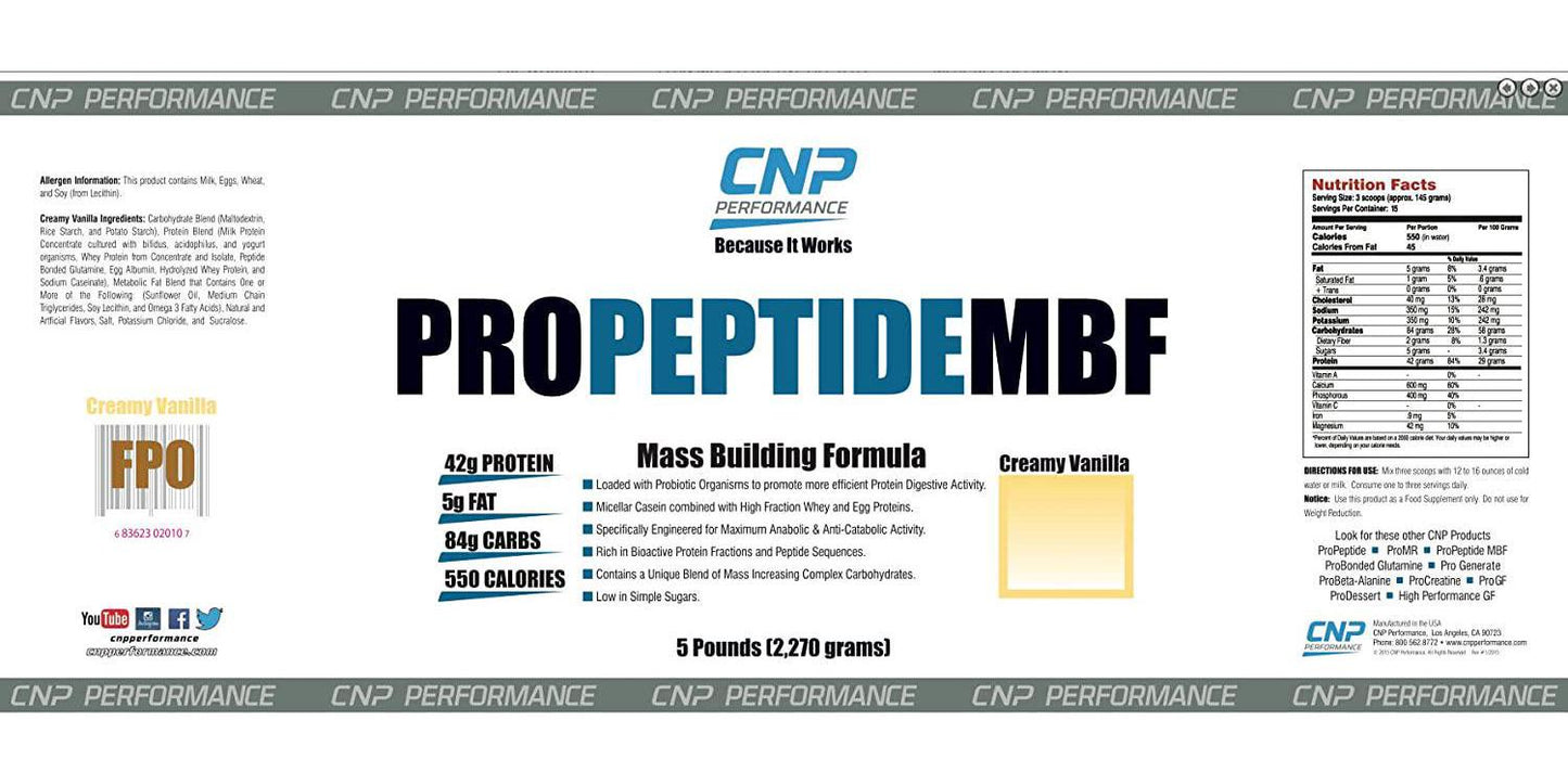 CNP Pro Peptide - MBF (Mass Building Formula) Professional Grade Protein Powder, Weight Gainer (5lb, Vanilla)