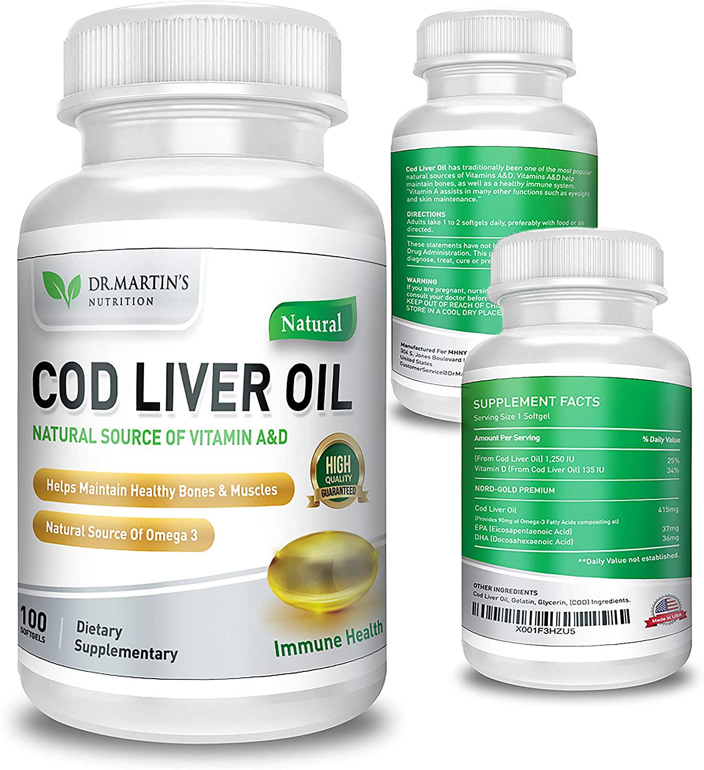 COD Liver Oil | 100 Softgels | Natural Source of Omega 3 Fatty Acids | 100% Organic Capsules | Triple Strength | Best Immune Health, Healthy Bones and Muscles Dietary Supplement | (100 Softgels)