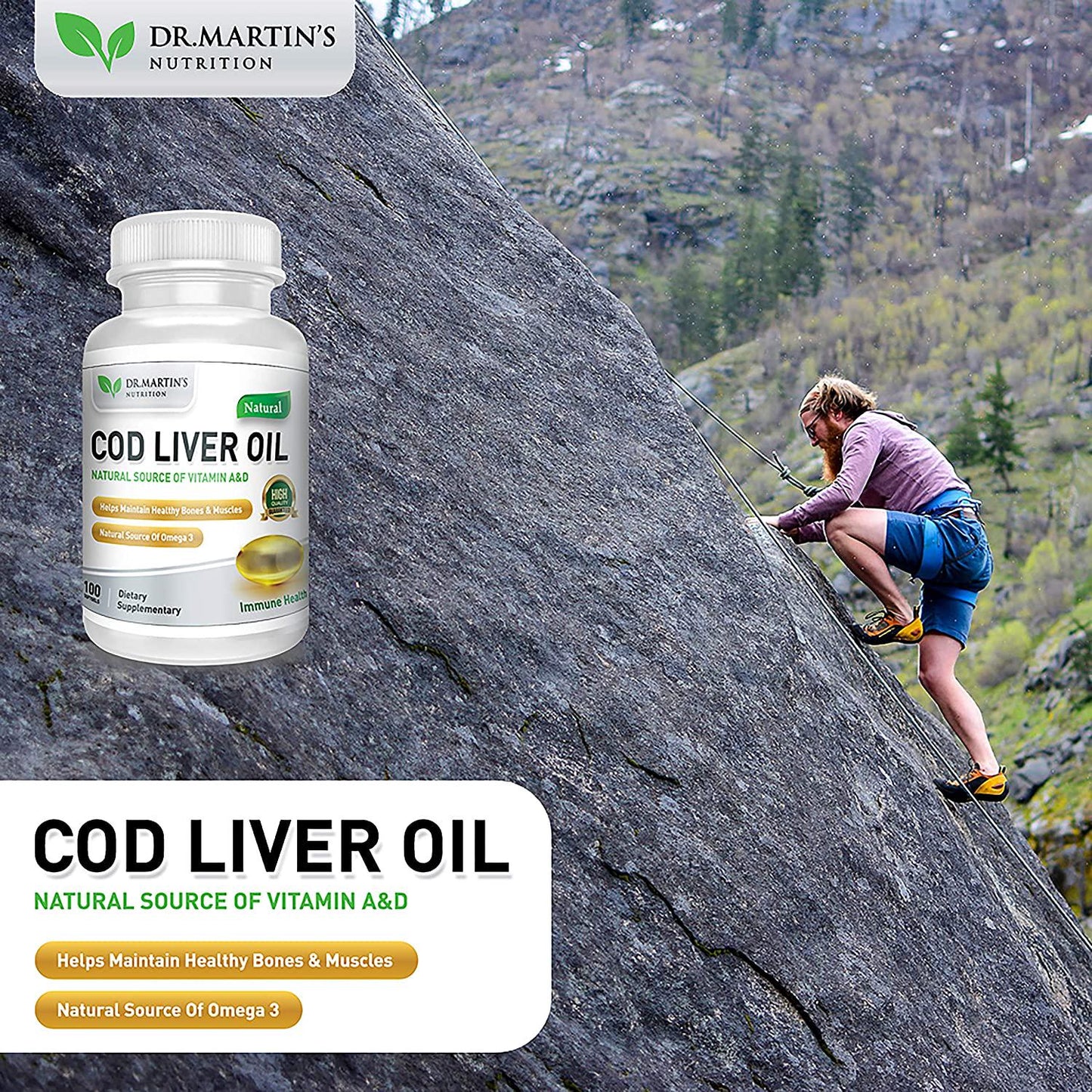 COD Liver Oil | 100 Softgels | Natural Source of Omega 3 Fatty Acids | 100% Organic Capsules | Triple Strength | Best Immune Health, Healthy Bones and Muscles Dietary Supplement | (100 Softgels)