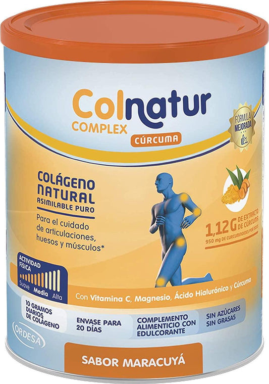 COLNATUR Complex Turmeric Hydrolyzed Collagen 250g Passion Fruit Flavor – Spanish Health Care – Take Care of your Joints, Bones, Muscles, Teeth and Skin – with Hyaluronic Acid Vitamin C
