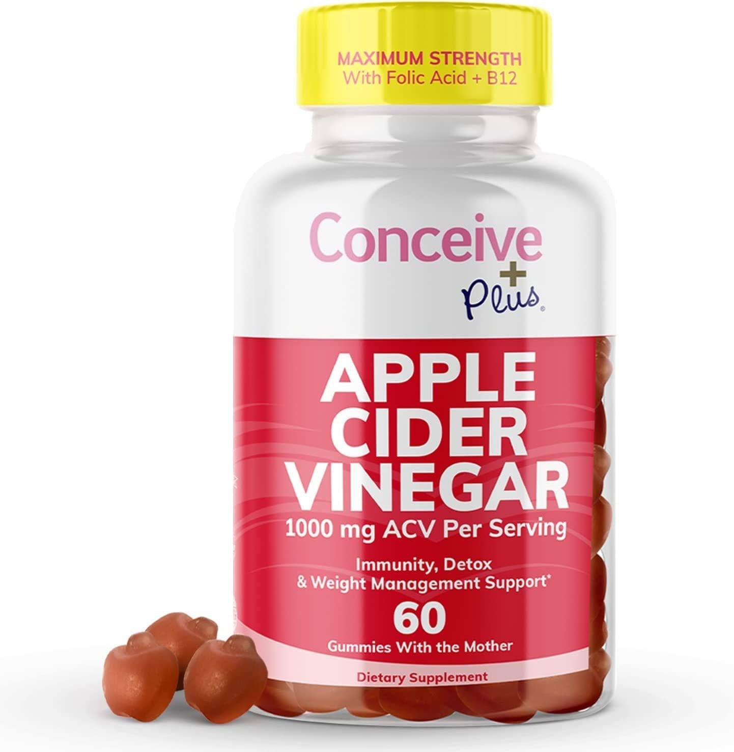 CONCEIVE PLUS Apple Cider Vinegar Gummies-Potent ACV Gummies with The Mother-Delicious Apple Vinegar Gummy for Immunity, Digestive Health, Energy Boost-Vegan, Non-GMO, Gluten-Free-60 Count, Red
