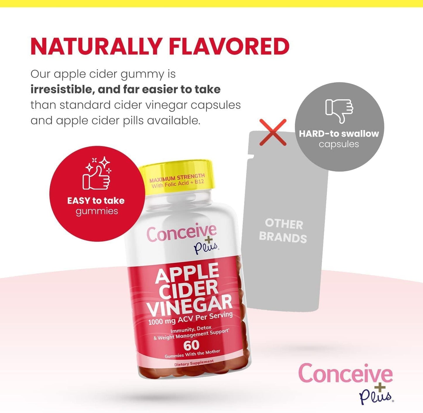 CONCEIVE PLUS Apple Cider Vinegar Gummies-Potent ACV Gummies with The Mother-Delicious Apple Vinegar Gummy for Immunity, Digestive Health, Energy Boost-Vegan, Non-GMO, Gluten-Free-60 Count, Red