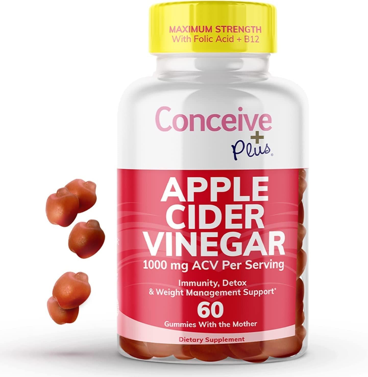 CONCEIVE PLUS Apple Cider Vinegar Gummies-Potent ACV Gummies with The Mother-Delicious Apple Vinegar Gummy for Immunity, Digestive Health, Energy Boost-Vegan, Non-GMO, Gluten-Free-60 Count, Red