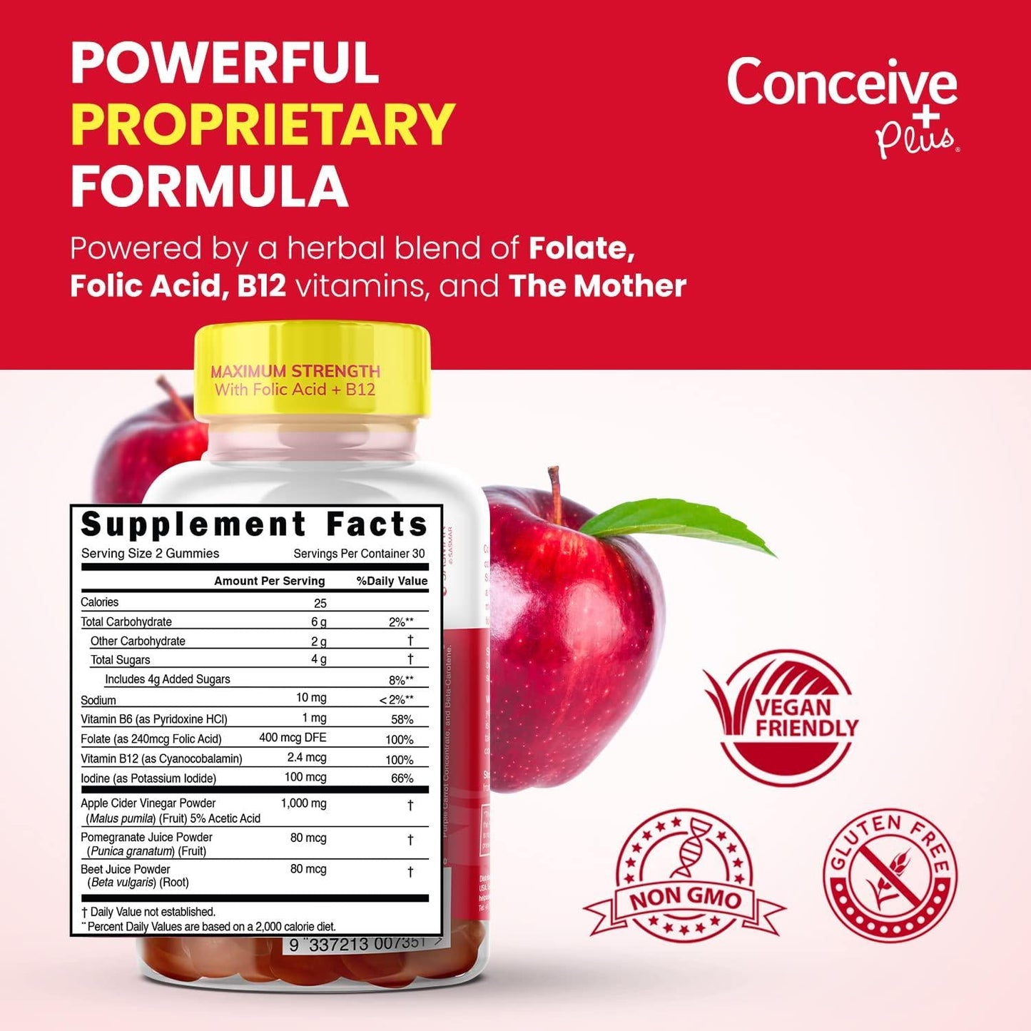 CONCEIVE PLUS Apple Cider Vinegar Gummies-Potent ACV Gummies with The Mother-Delicious Apple Vinegar Gummy for Immunity, Digestive Health, Energy Boost-Vegan, Non-GMO, Gluten-Free-60 Count, Red
