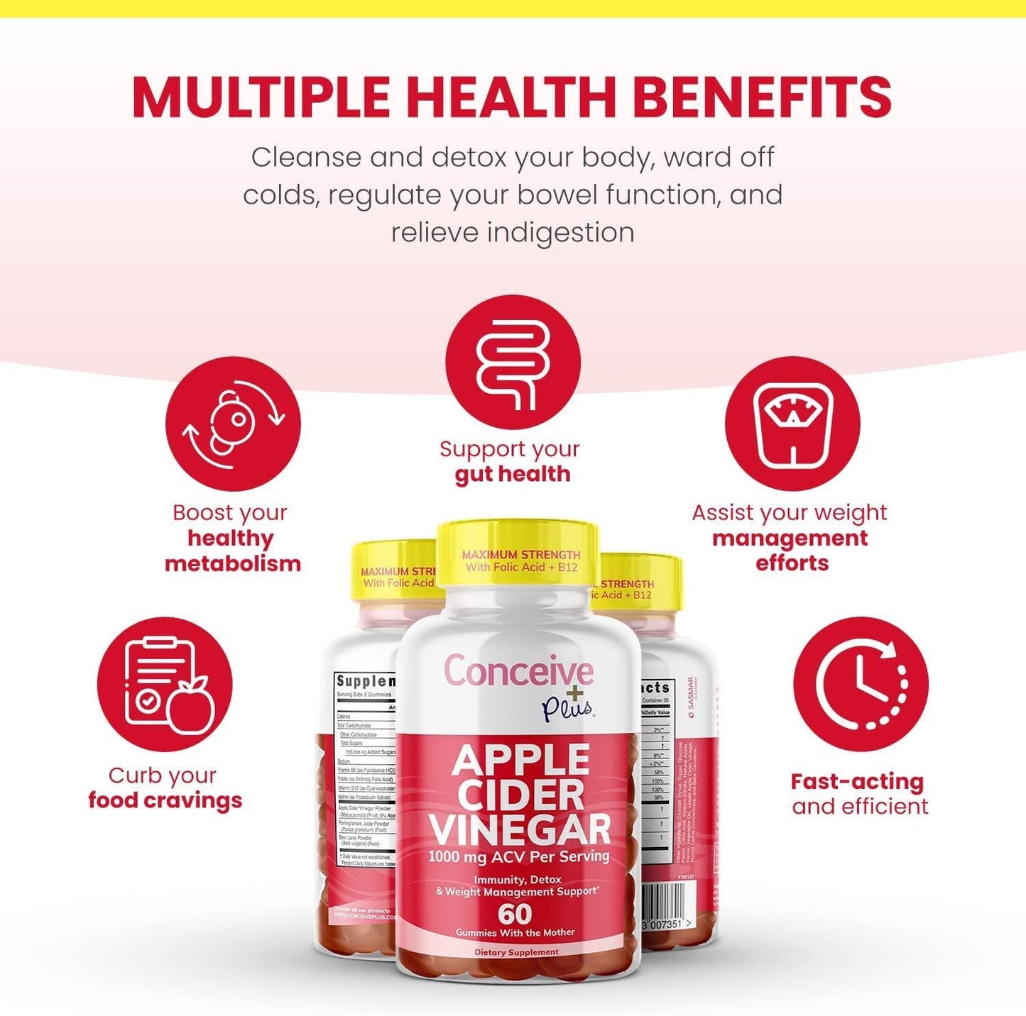 CONCEIVE PLUS Apple Cider Vinegar Gummies-Potent ACV Gummies with The Mother-Delicious Apple Vinegar Gummy for Immunity, Digestive Health, Energy Boost-Vegan, Non-GMO, Gluten-Free-60 Count, Red