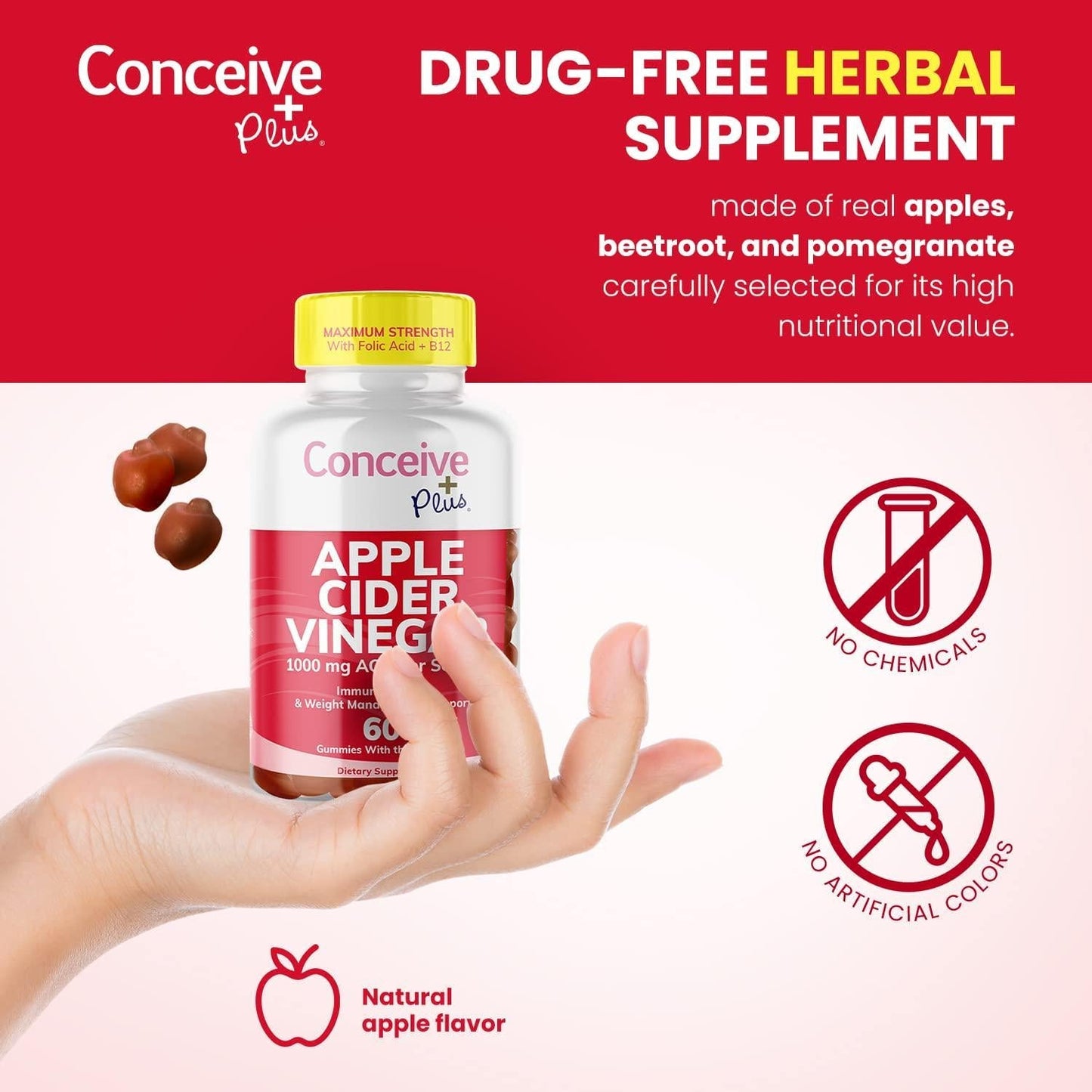 CONCEIVE PLUS Apple Cider Vinegar Gummies-Potent ACV Gummies with The Mother-Delicious Apple Vinegar Gummy for Immunity, Digestive Health, Energy Boost-Vegan, Non-GMO, Gluten-Free-60 Count, Red
