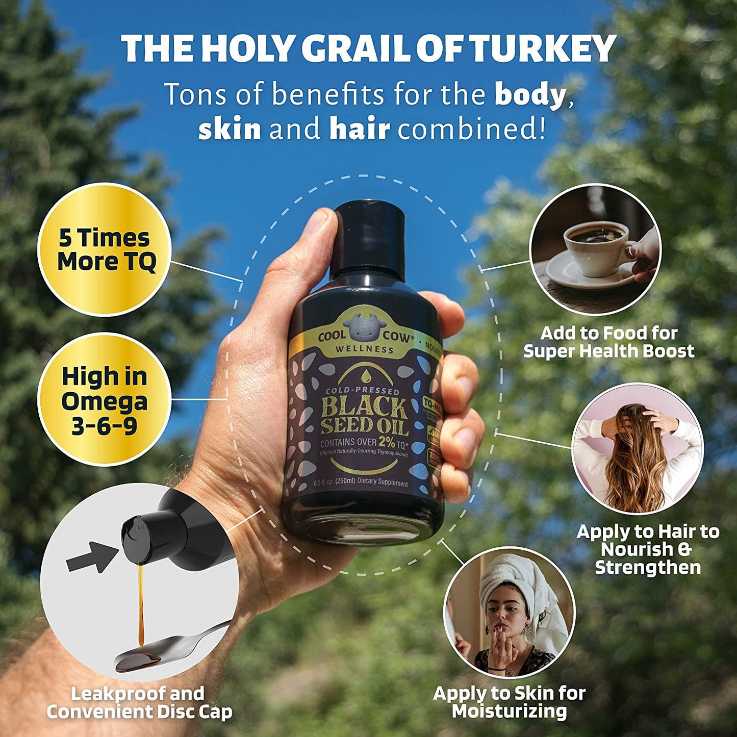 COOLCOW Black Seed Oil 8oz: 5X% Thymoquinone, Cold Pressed, 100% Turkish Black Cumin Nigella Sativa Seed Oil (Grown Traditionally), Non-GMO, 100% Liquid Pure Blackseed Oil