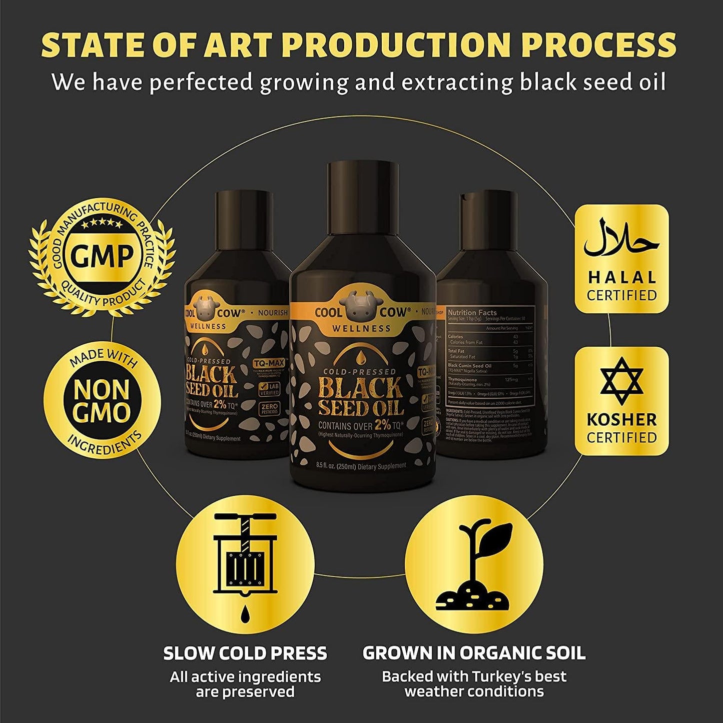 COOLCOW Black Seed Oil 8oz: 5X% Thymoquinone, Cold Pressed, 100% Turkish Black Cumin Nigella Sativa Seed Oil (Grown Traditionally), Non-GMO, 100% Liquid Pure Blackseed Oil