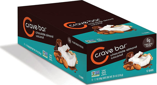 CRAVE BAR - Nutrition Energy Bar, Chocolate Almond Coconut, 6g Protein, 6g Fiber, Non-GMO, Gluten-Free, 1.7 Oz (48g) (Pack of 12- total 20.4 Oz (578 g))