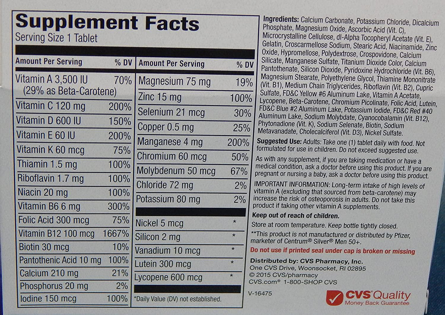 CVS Pharmacy Spectravite Ultra Men 50+ Multivitamin Multimineral Supplement Gluten-Free, 1 Bottle of 100 Tablets