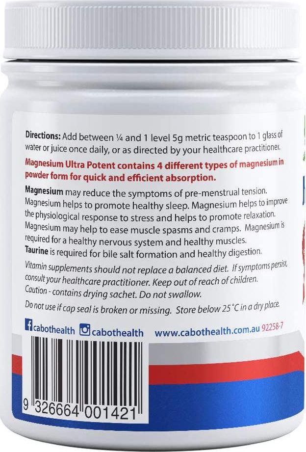 Cabot Health Magnesium Ultra Potent Powder, Strawberry, 200 Grams