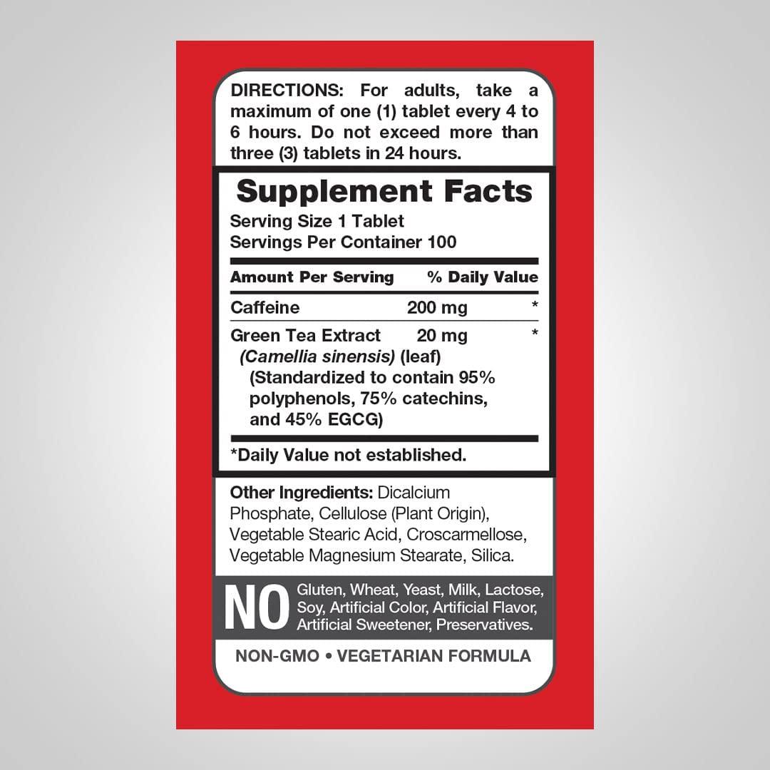 Caffeine Pills 200mg | 100 Tablets | Pre Workout Supplement | with Green Tea | by Piping Rock