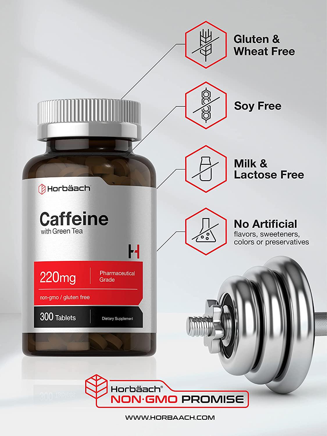 Caffeine Pills 200mg with Green Tea | 300 Tablets | Vegetarian, Non-GMO and Gluten Free | by Horbaach