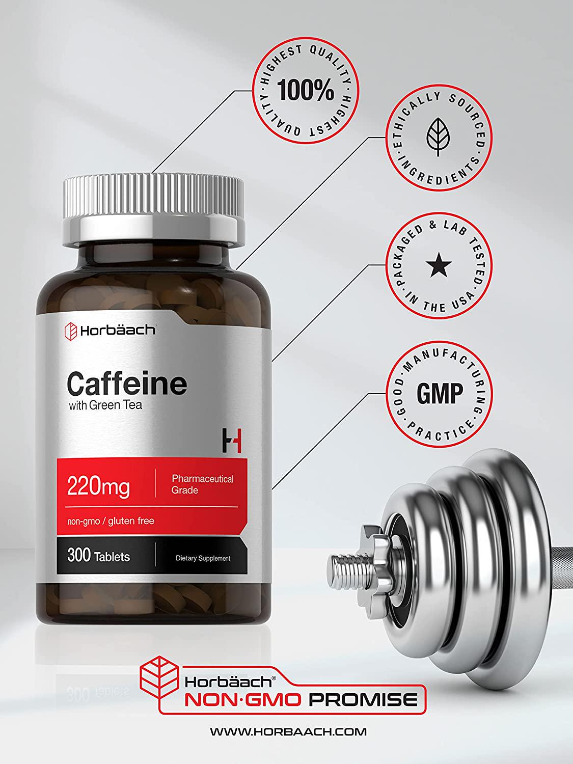 Caffeine Pills 200mg with Green Tea | 300 Tablets | Vegetarian, Non-GMO and Gluten Free | by Horbaach