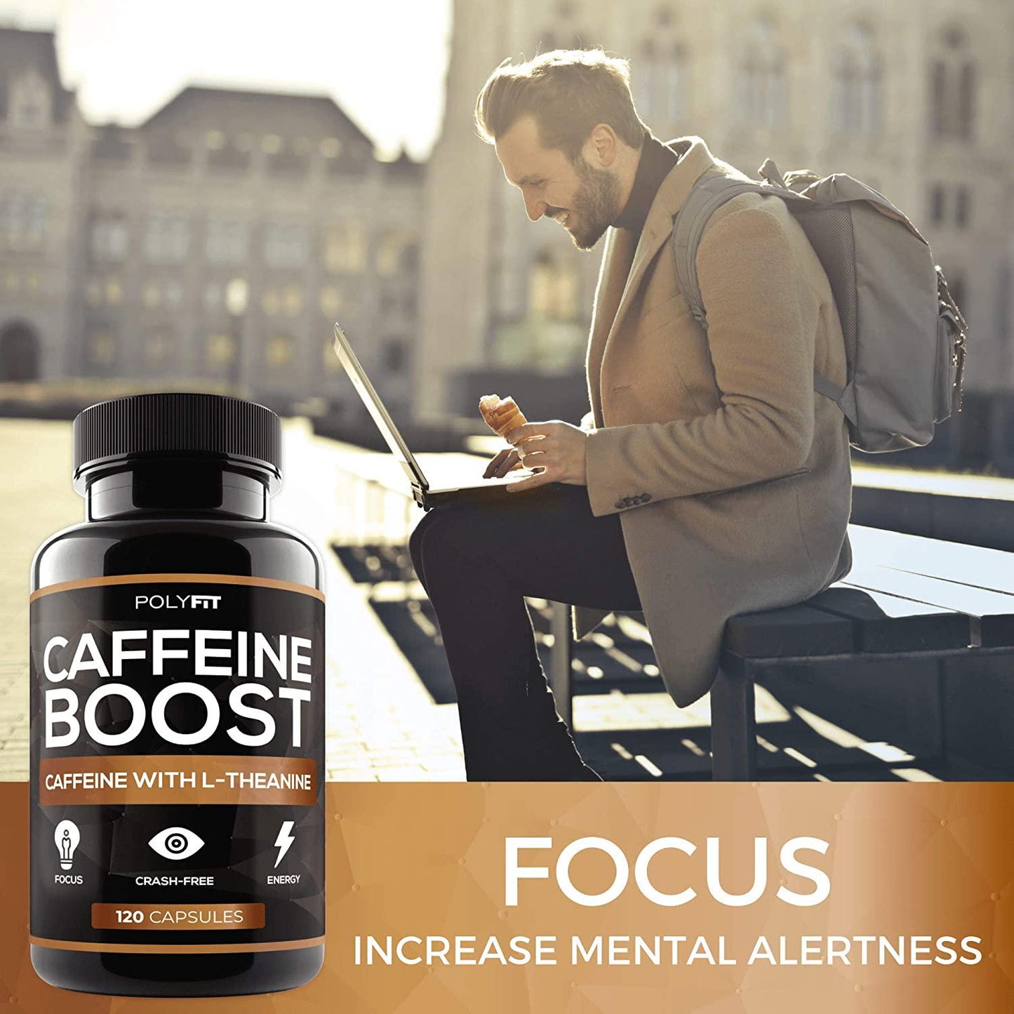 Caffeine Pills with L-Theanine - 120 Capsules - Energy and Focus Supplement - 100mg Caffiene and 200 mg LTheanine Per Serving