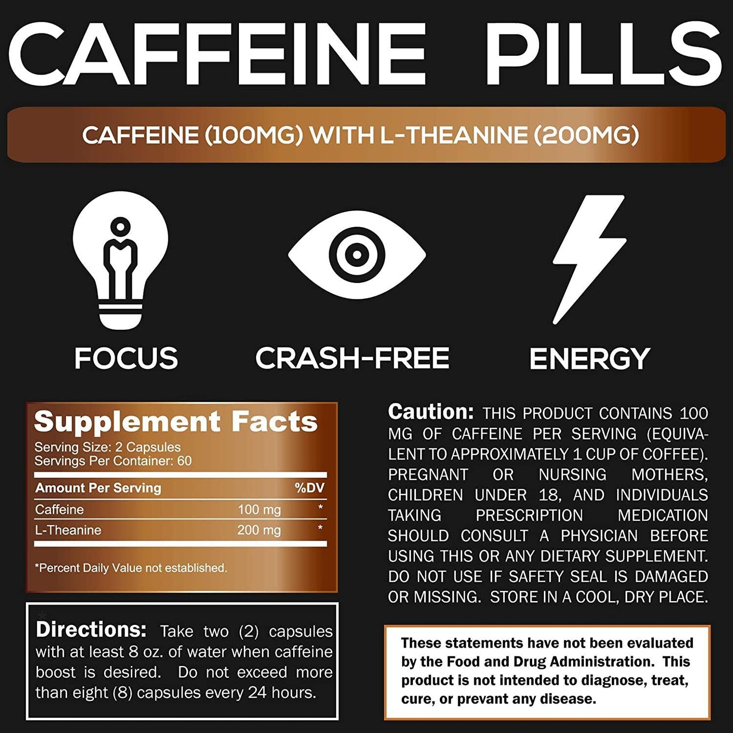 Caffeine Pills with L-Theanine - 120 Capsules - Energy and Focus Supplement - 100mg Caffiene and 200 mg LTheanine Per Serving