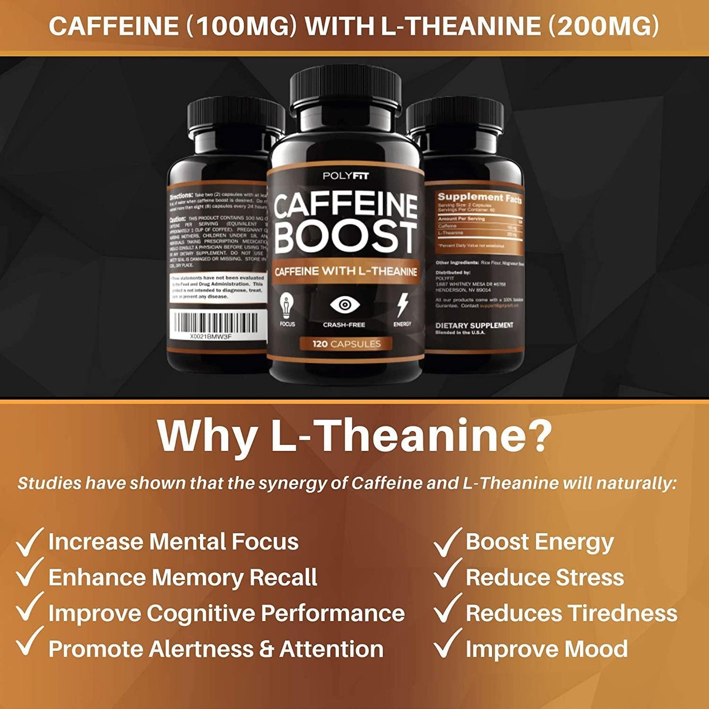Caffeine Pills with L-Theanine - 120 Capsules - Energy and Focus Supplement - 100mg Caffiene and 200 mg LTheanine Per Serving