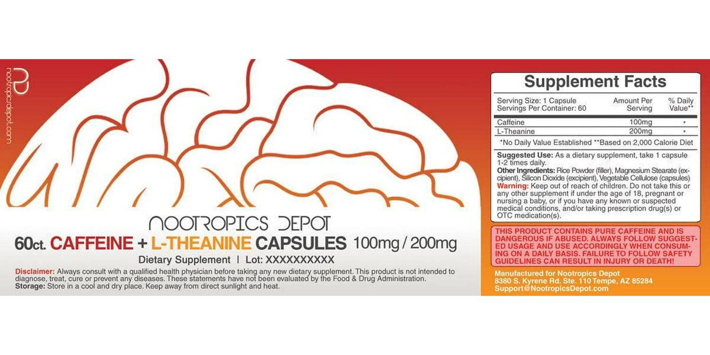 Caffeine and L-Theanine Capsules | 60 Pills | Contains 100mg of Caffeine and 200mg of L-Theanine | Natural Nootropic Supplement | Energy Booster | Mental Focus + Alertness | Coffee Alternative
