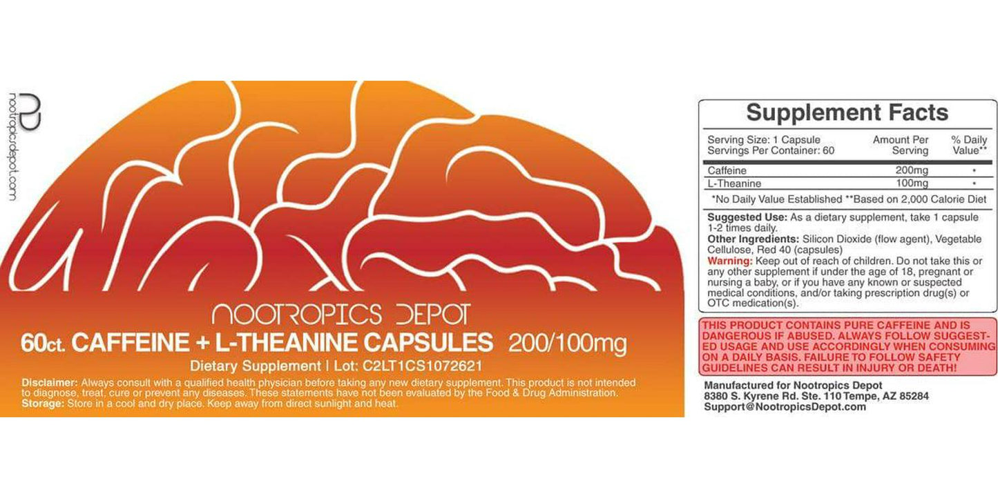 Caffeine and L-Theanine Capsules | 60 Count | Contains 200mg of Caffeine and 100mg of L-Theanine | Natural Nootropic Supplement | Energy Booster | Mental Focus + Alertness | Coffee Alternative