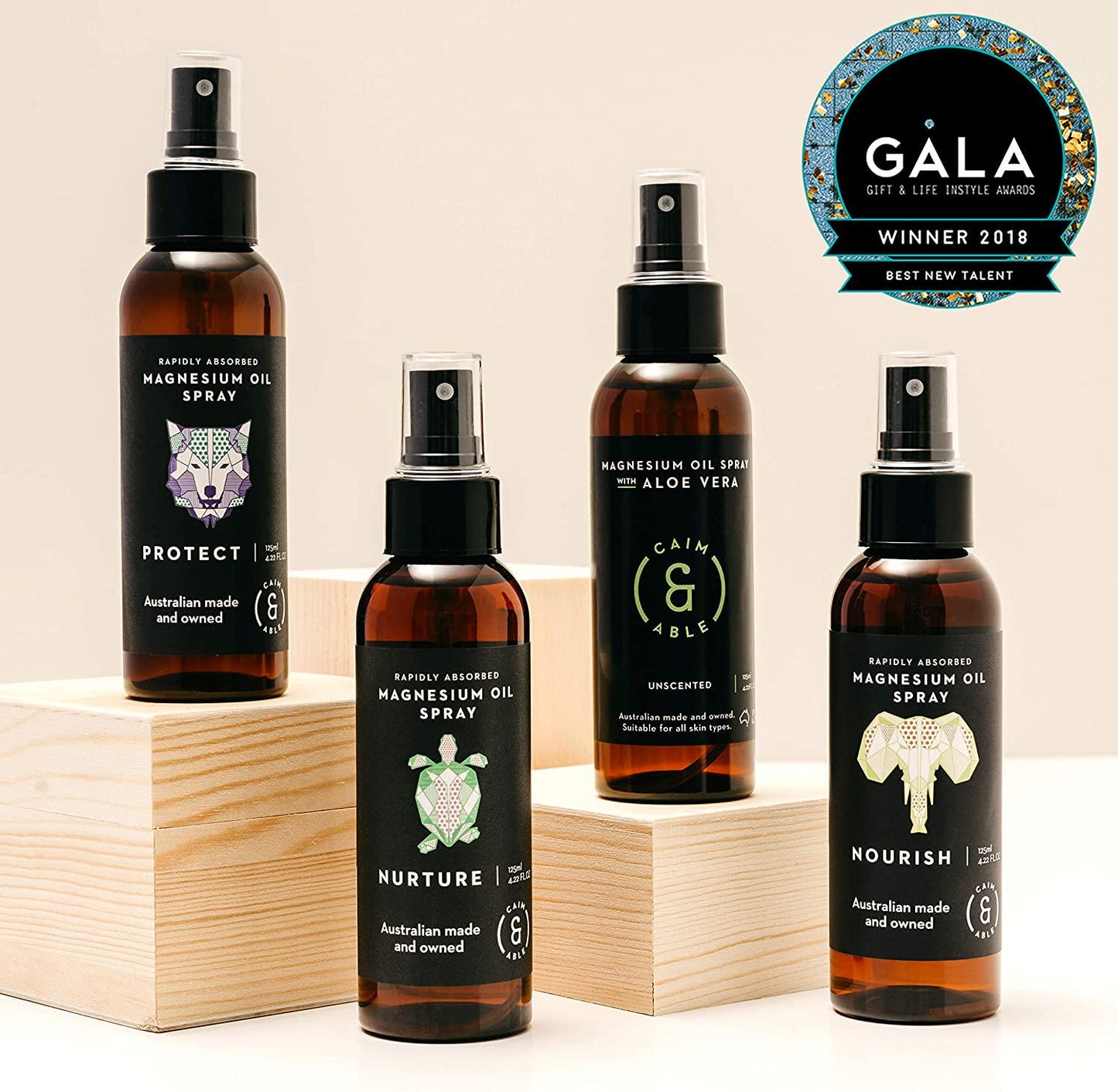 Caim and Able Magnesium Oil Spray Bottle with Aloe Vera 125ml - Less Itchy for Sensitive Skin - Australian Made Pure Amazing Magnesium Chloride Supplement - Transdermal Dermal Topical Therapy