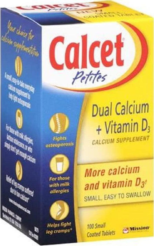 Calcet Petite Dual Calcium + D3 Tablets 100 Count Per Bottle (2 Bottles)