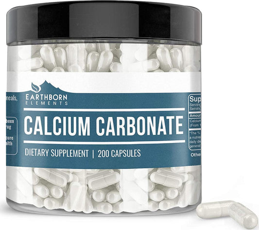 Calcium Carbonate Supplements, 200 Capsules (1,100 mg/Serving) by Earthborn Elements, Support Healthy Bones, Strengthens Teeth, Natural Antacid, Lab Tested