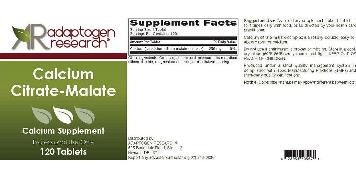 Calcium Citrate-Malate | 250 mg High Absorption Hypoallergenic Calcium Complex for Bone and Cardiovascular Support | 120 Tablets | Adaptogen Research