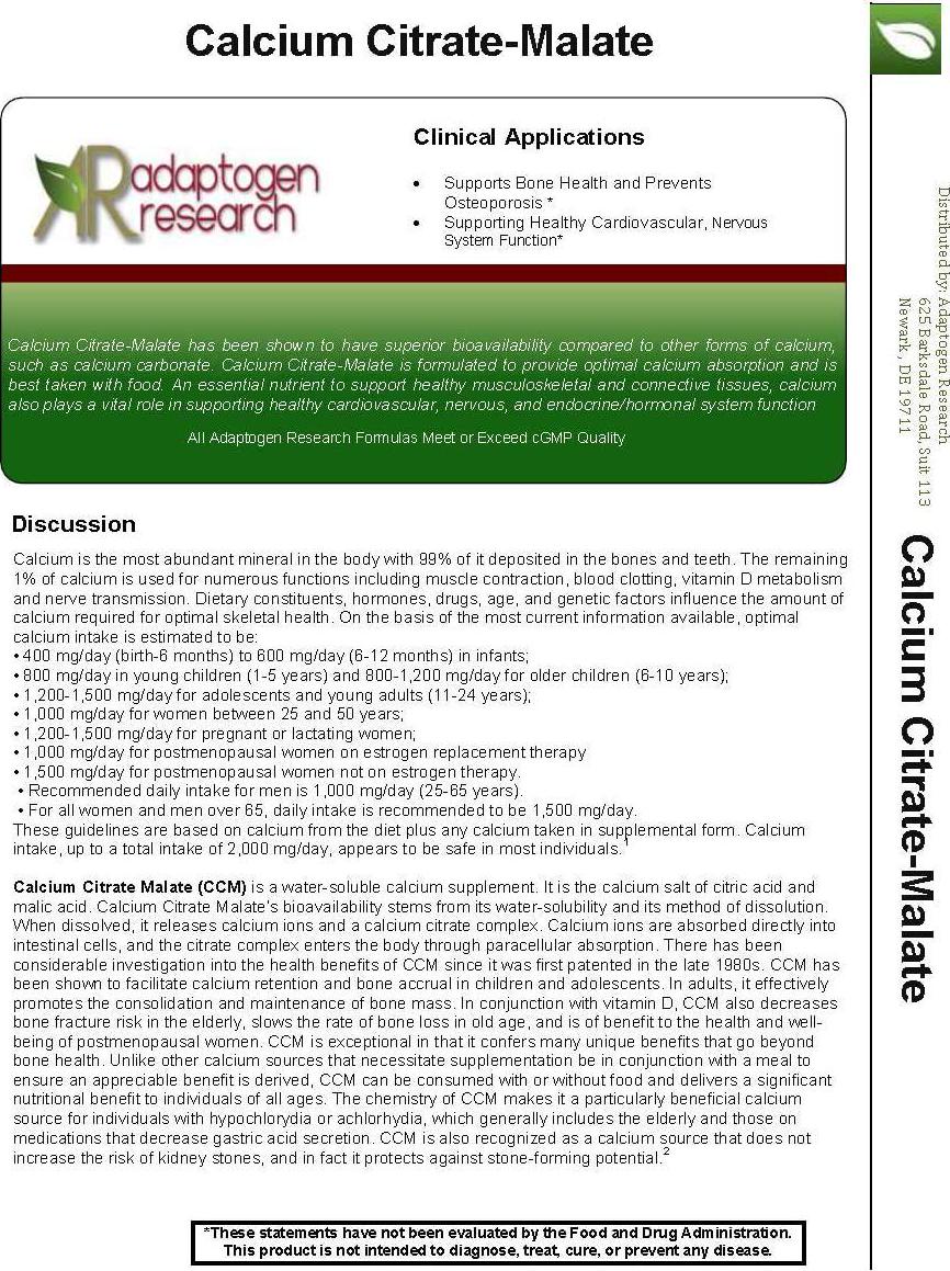 Calcium Citrate-Malate | 250 mg High Absorption Hypoallergenic Calcium Complex for Bone and Cardiovascular Support | 120 Tablets | Adaptogen Research