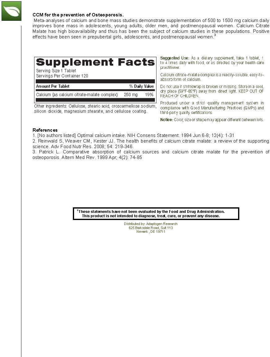 Calcium Citrate-Malate | 250 mg High Absorption Hypoallergenic Calcium Complex for Bone and Cardiovascular Support | 120 Tablets | Adaptogen Research
