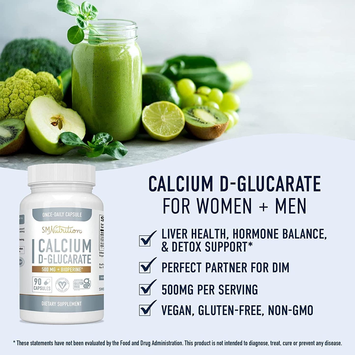 Calcium D Glucarate 500mg 90 Veggie Capsules (3-Month Supply) CDG for Liver Detox and Cleanse, Metabolism, Hormone Balance, Menopause Support.* Vegan.org Certified, Non-GMO, Gluten-Free - SM Nutrition