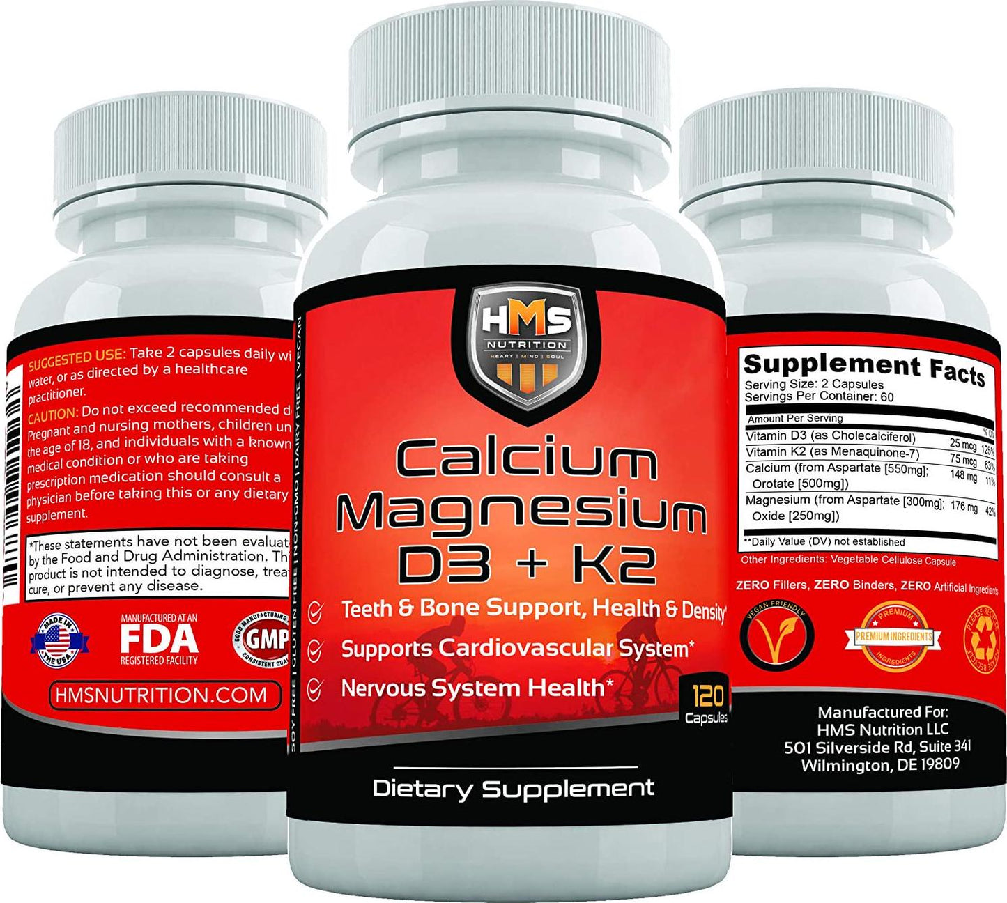 Calcium Magnesium Vitamin D3 and K2 HMS Nutrition 120 Capsules Supports Lung Health Immune System Strong Bones Teeth Non-GMO Soy and Dairy Free Vegan Calcium Orotate