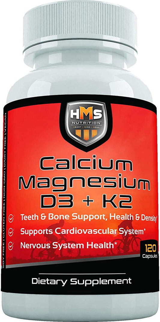 Calcium Magnesium Vitamin D3 and K2 HMS Nutrition 120 Capsules Supports Lung Health Immune System Strong Bones Teeth Non-GMO Soy and Dairy Free Vegan Calcium Orotate