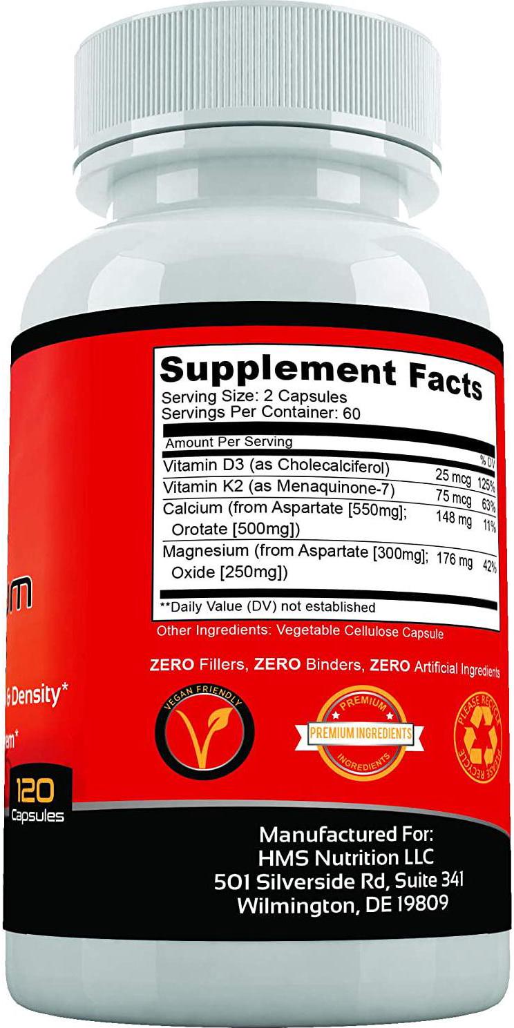 Calcium Magnesium Vitamin D3 and K2 HMS Nutrition 120 Capsules Supports Lung Health Immune System Strong Bones Teeth Non-GMO Soy and Dairy Free Vegan Calcium Orotate