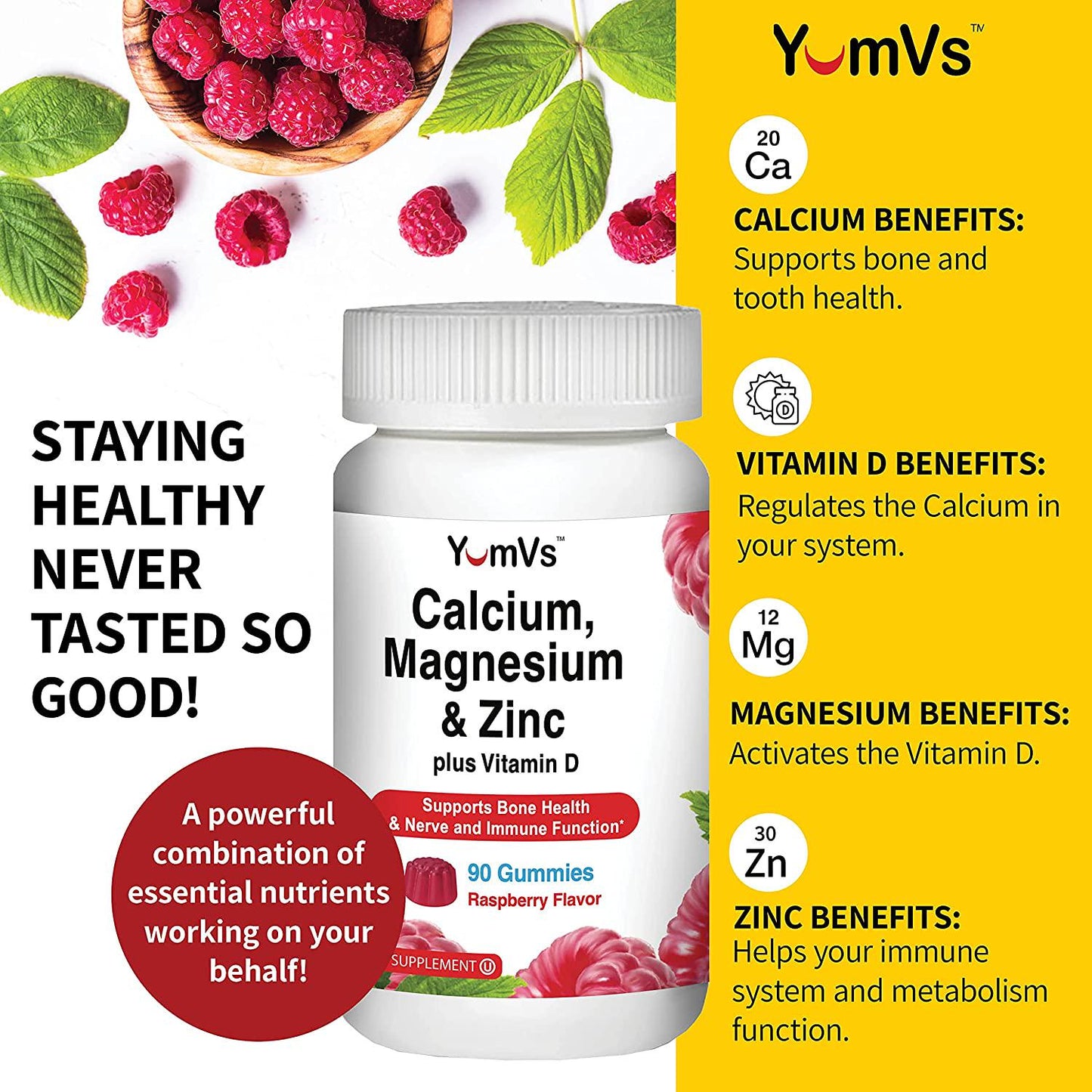 Calcium, Magnesium, Zinc and Vitamin D Gummies by YumVs | Calcium Supplement for Women and Men | Supports Bone Health + Nerve and Immune Function | Natural Raspberry Flavor Gummies - 90 Count