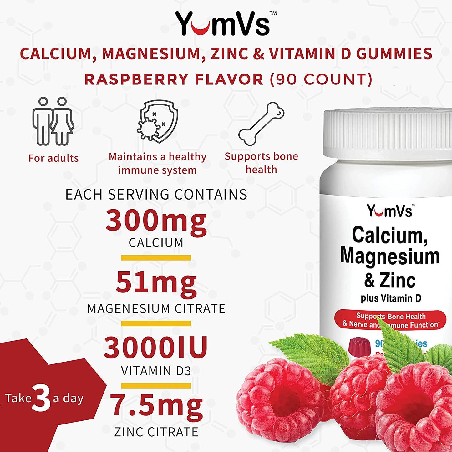 Calcium, Magnesium, Zinc and Vitamin D Gummies by YumVs | Calcium Supplement for Women and Men | Supports Bone Health + Nerve and Immune Function | Natural Raspberry Flavor Gummies - 90 Count
