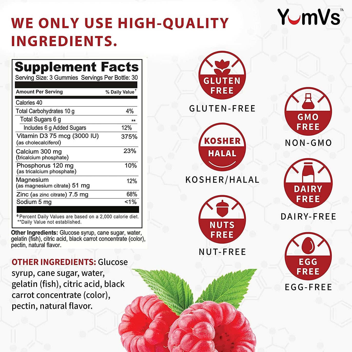 Calcium, Magnesium, Zinc and Vitamin D Gummies by YumVs | Calcium Supplement for Women and Men | Supports Bone Health + Nerve and Immune Function | Natural Raspberry Flavor Gummies - 90 Count
