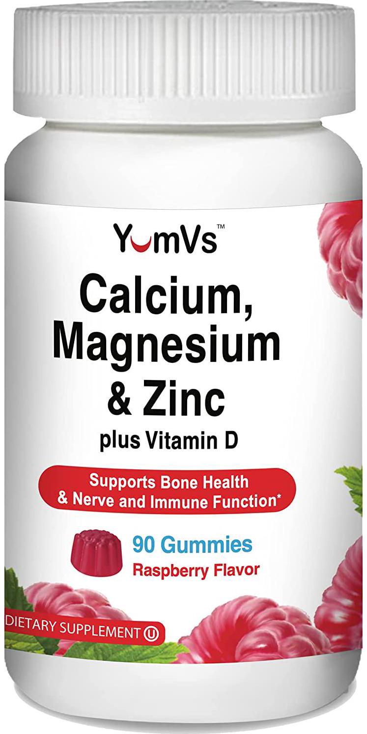 Calcium, Magnesium, Zinc and Vitamin D Gummies by YumVs | Calcium Supplement for Women and Men | Supports Bone Health + Nerve and Immune Function | Natural Raspberry Flavor Gummies - 90 Count