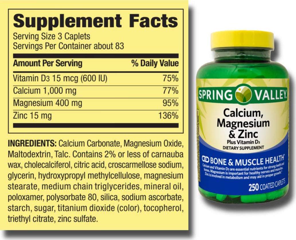 Calcium Magnesium and Zinc Plus - Vitamin D3 Coated Caplets, 250 Count from Spring Valley - Healthy Bones, Teeth, Nerve, Muscle, Heart and Immune Function + Vitamin Pouch and Guide to Supplements