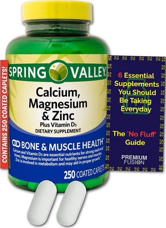 Calcium Magnesium and Zinc Plus - Vitamin D3 Coated Caplets, 250 Count from Spring Valley - Healthy Bones, Teeth, Nerve, Muscle, Heart and Immune Function + Vitamin Pouch and Guide to Supplements