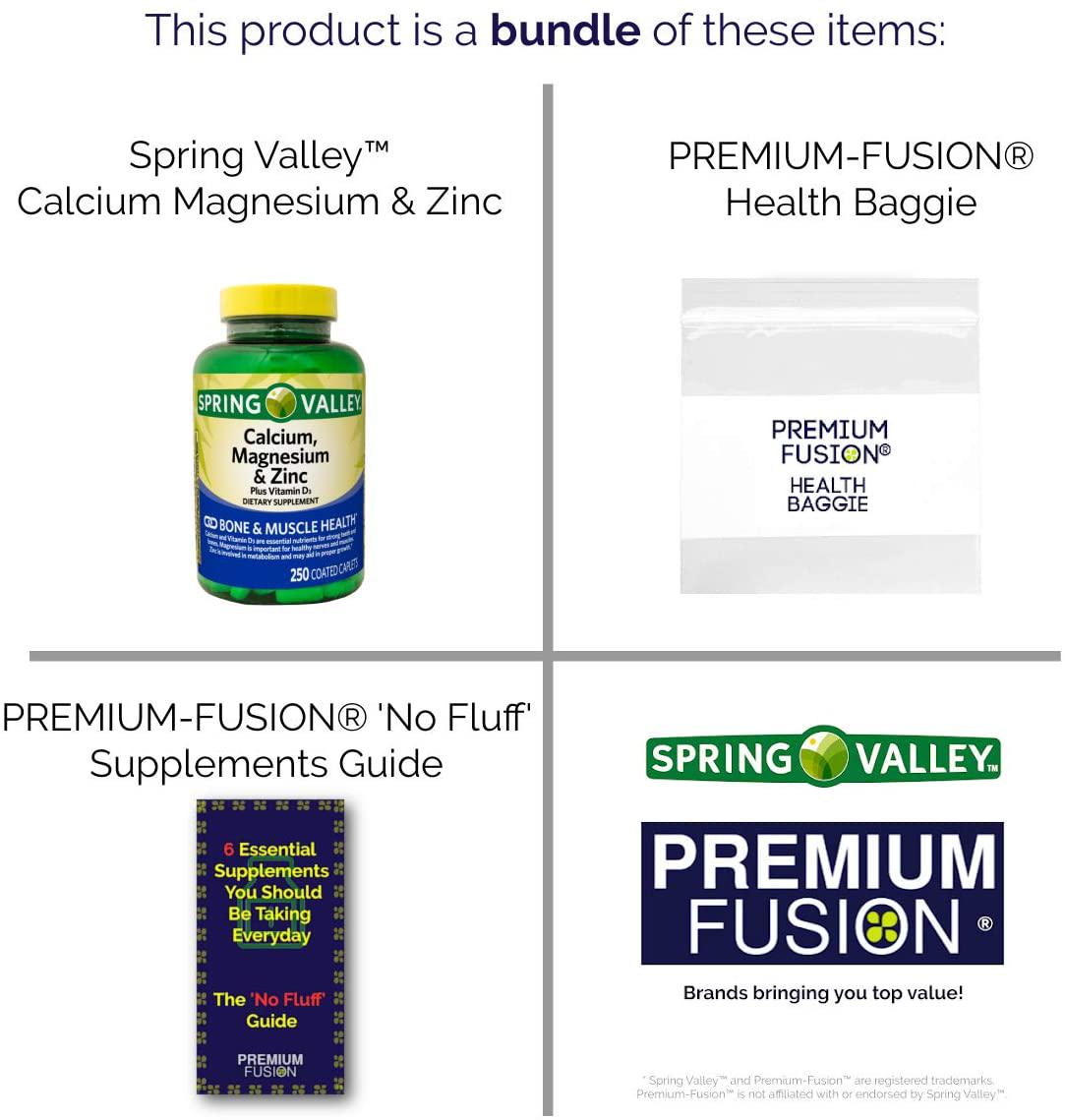 Calcium Magnesium and Zinc Plus - Vitamin D3 Coated Caplets, 250 Count from Spring Valley - Healthy Bones, Teeth, Nerve, Muscle, Heart and Immune Function + Vitamin Pouch and Guide to Supplements