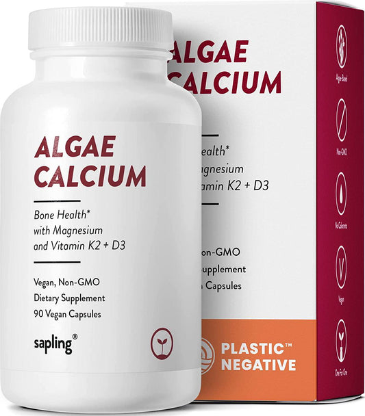 Calcium Supplement - Whole Food with Vitamin K2 and D3, Magnesium, Zinc, Boron, Mineral Complex. Sourced Sustainably from Red Algae. for Bone Strength and Support. Non-GMO and Vegan 90 Capsules.